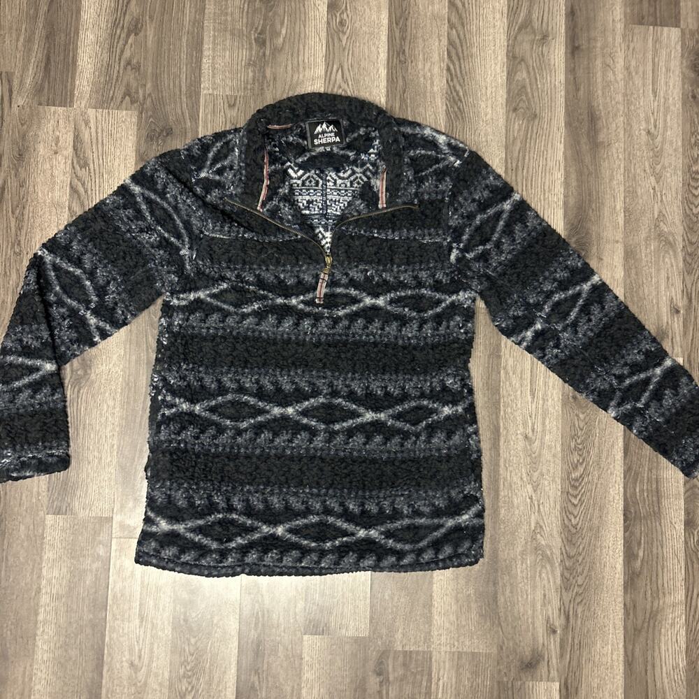 Alpine Sherpa Men's Blue Aztec Print Fuzzy Jacket Size Medium Comfy Pockets Warm